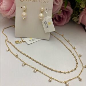 NWT Set of Kendra Scott Eve Gold Earrings in Freshwater Cultured Pearl+ Necklace